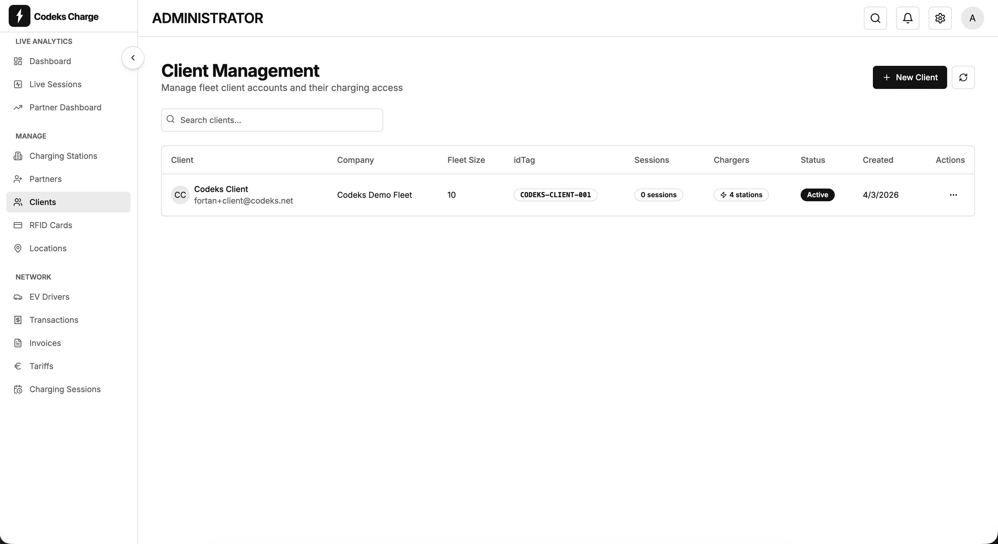 Client management for fleet operators with session and charger tracking
