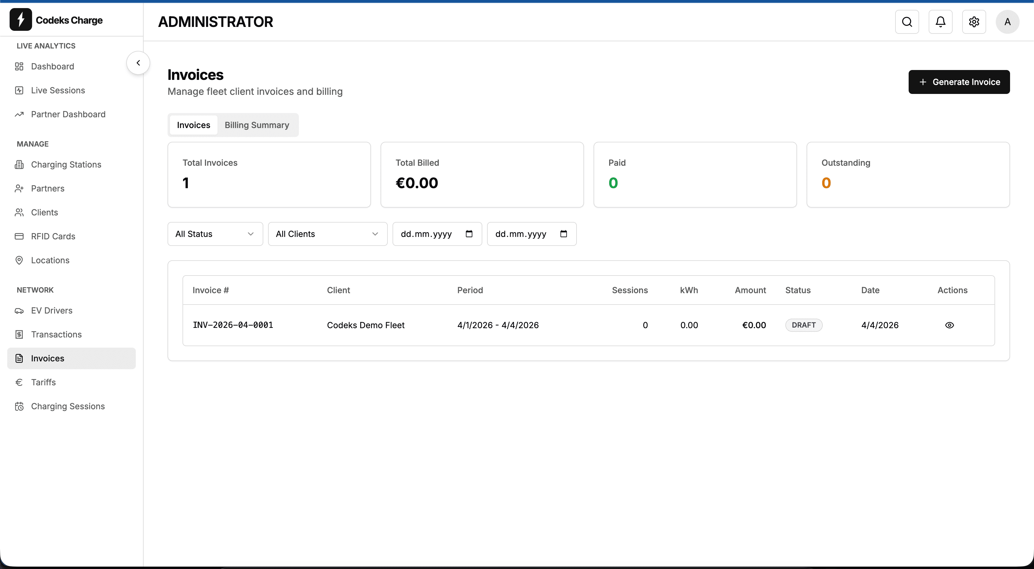 Invoice management with billing summary, status tracking, and PDF generation
