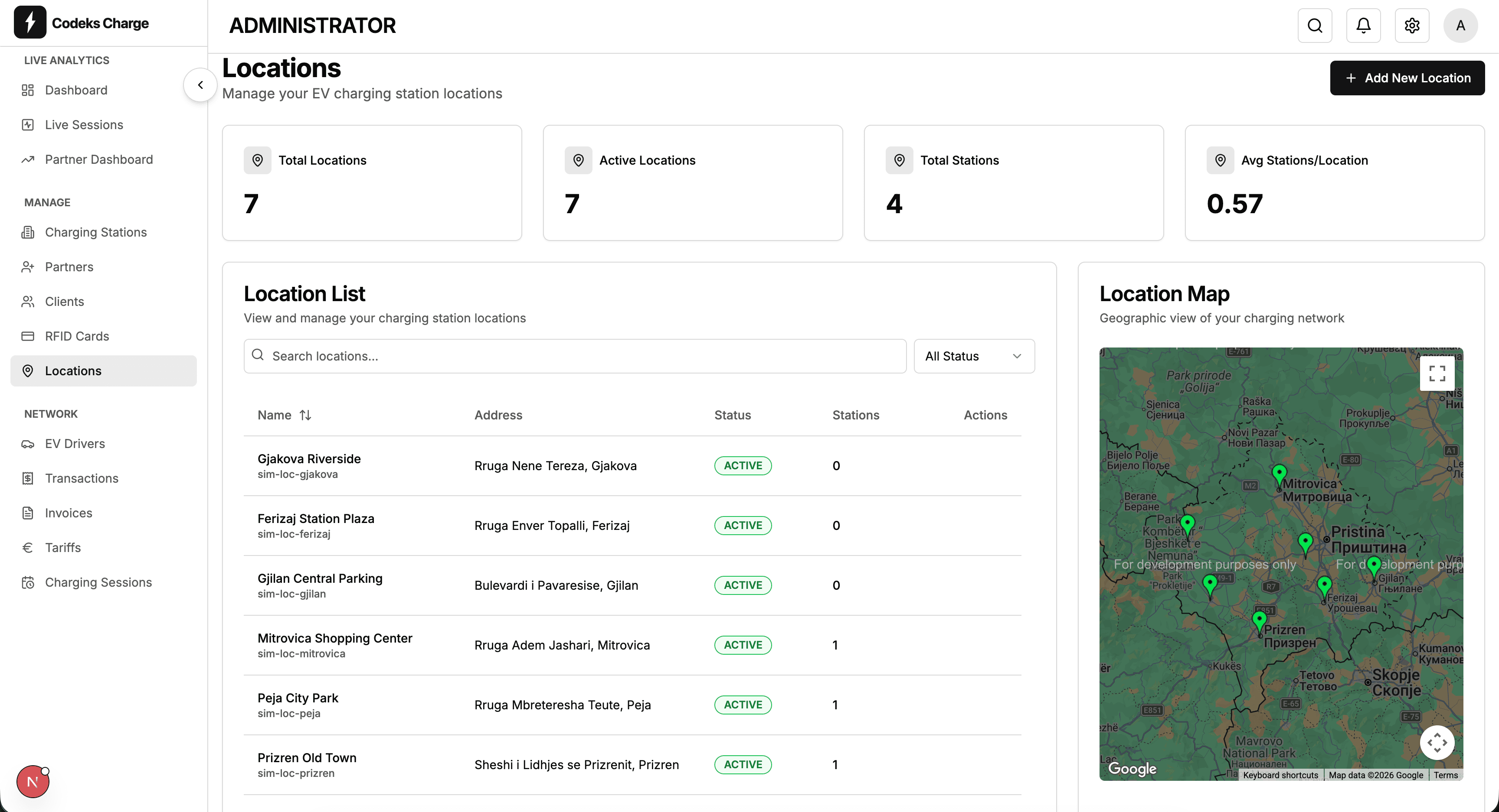 Location management with interactive map and station list