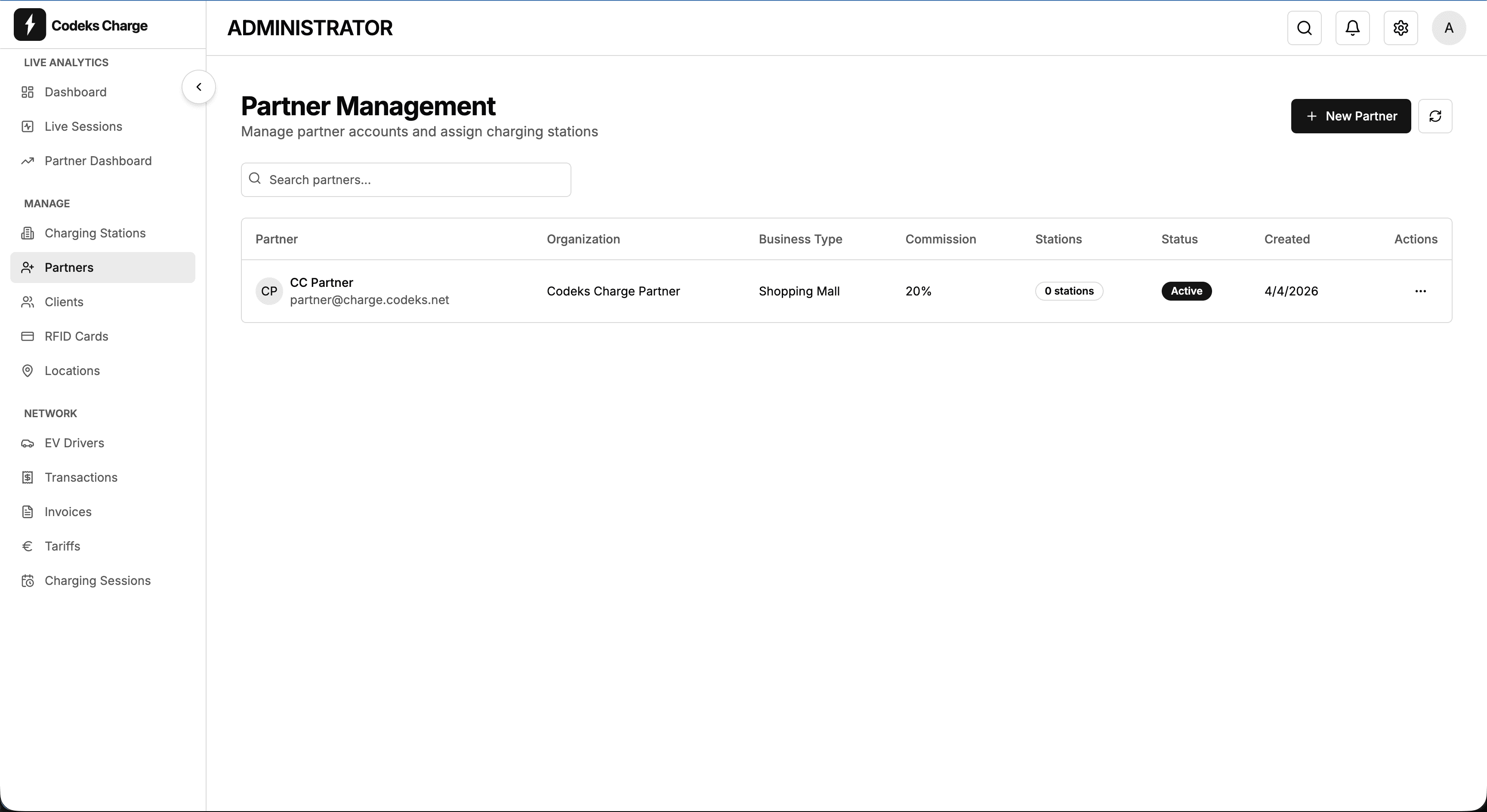Partner Management showing partner accounts with organization, business type, commission rates, and station assignments