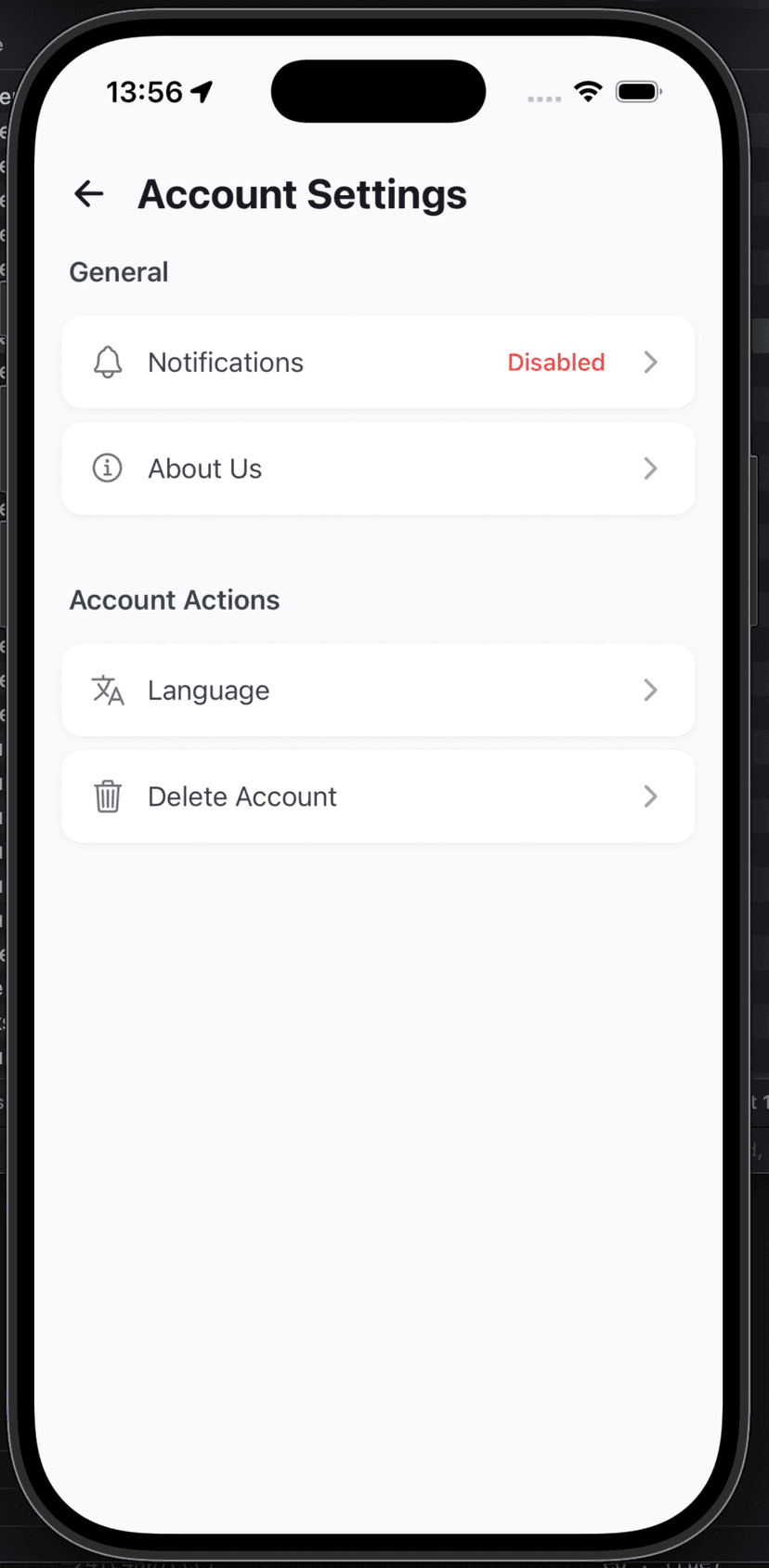 Account settings with notifications, language, and profile management