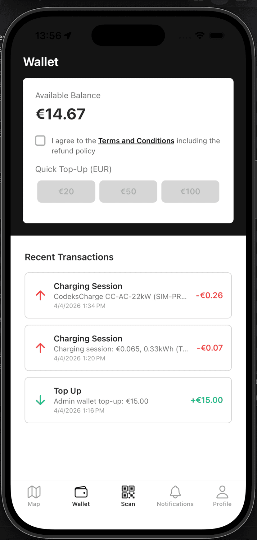 Wallet with balance and transaction history