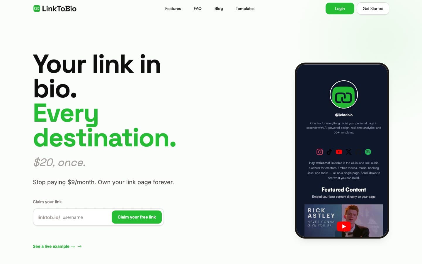 Linktobio — landing page with the mobile profile preview