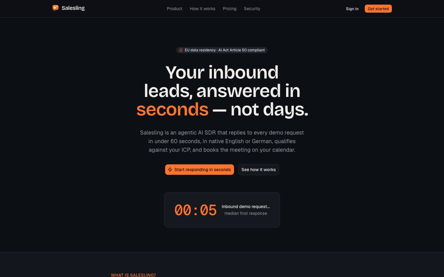Salesling — landing page of the agentic AI SDR that answers inbound leads in seconds